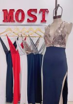 Art. 824-MF Vestido largo microfibra combi lentejuela cruzado esp - Imagen 2