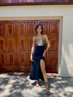 Art. 823-MF Vestido largo microfibra esp tiras combi lentejuelas